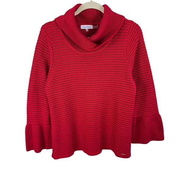 Calvin Klein Red Shimmer Cowl Neck Ribbed Knit Bell Sleeve Pullover Sweater Sz M - Picture 1 of 6
